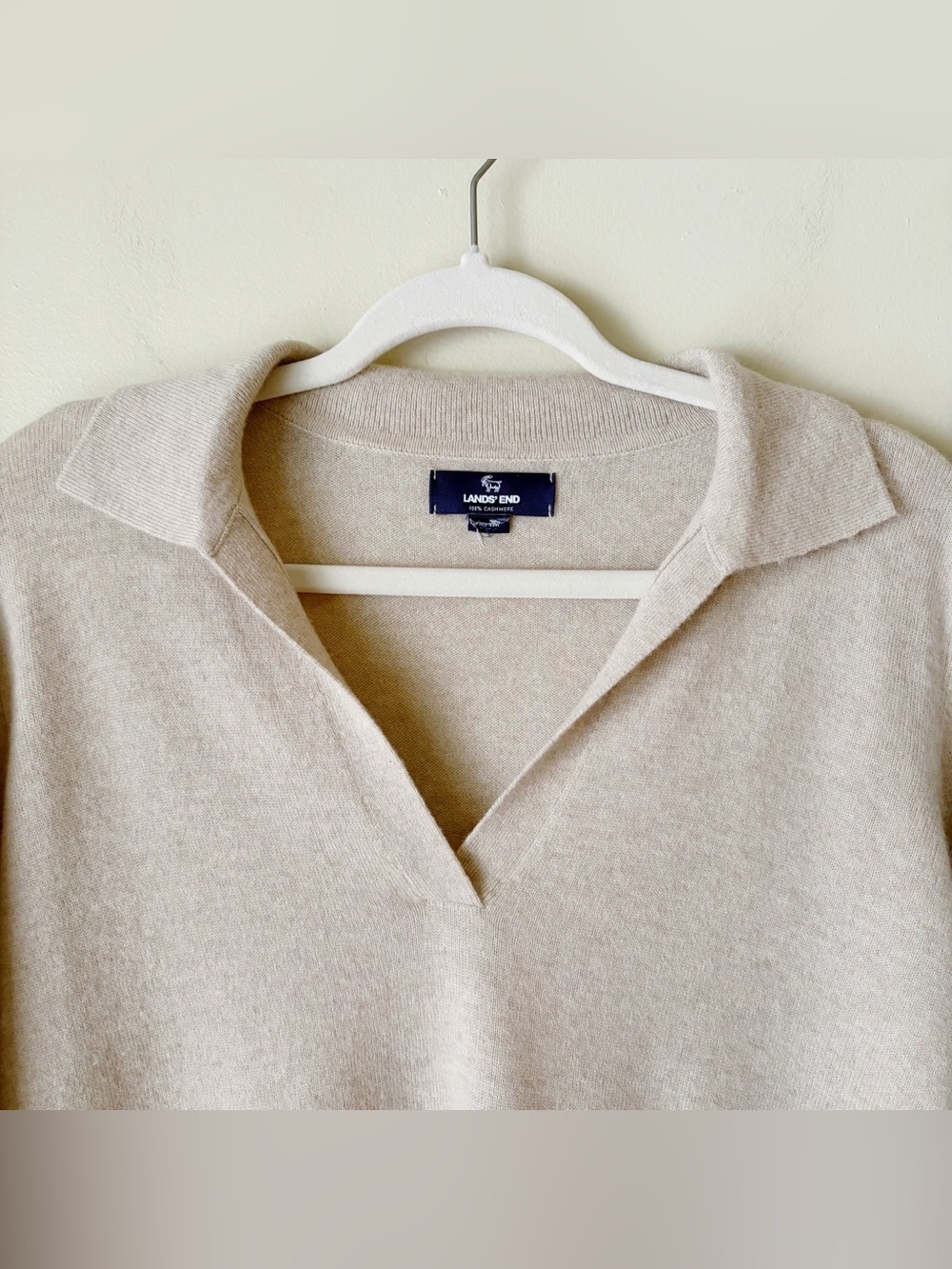 Lands End | 100% Cashmere Pullover Sweater Top Johnny Collar Cream Oatmeal M - Picture 2 of 6